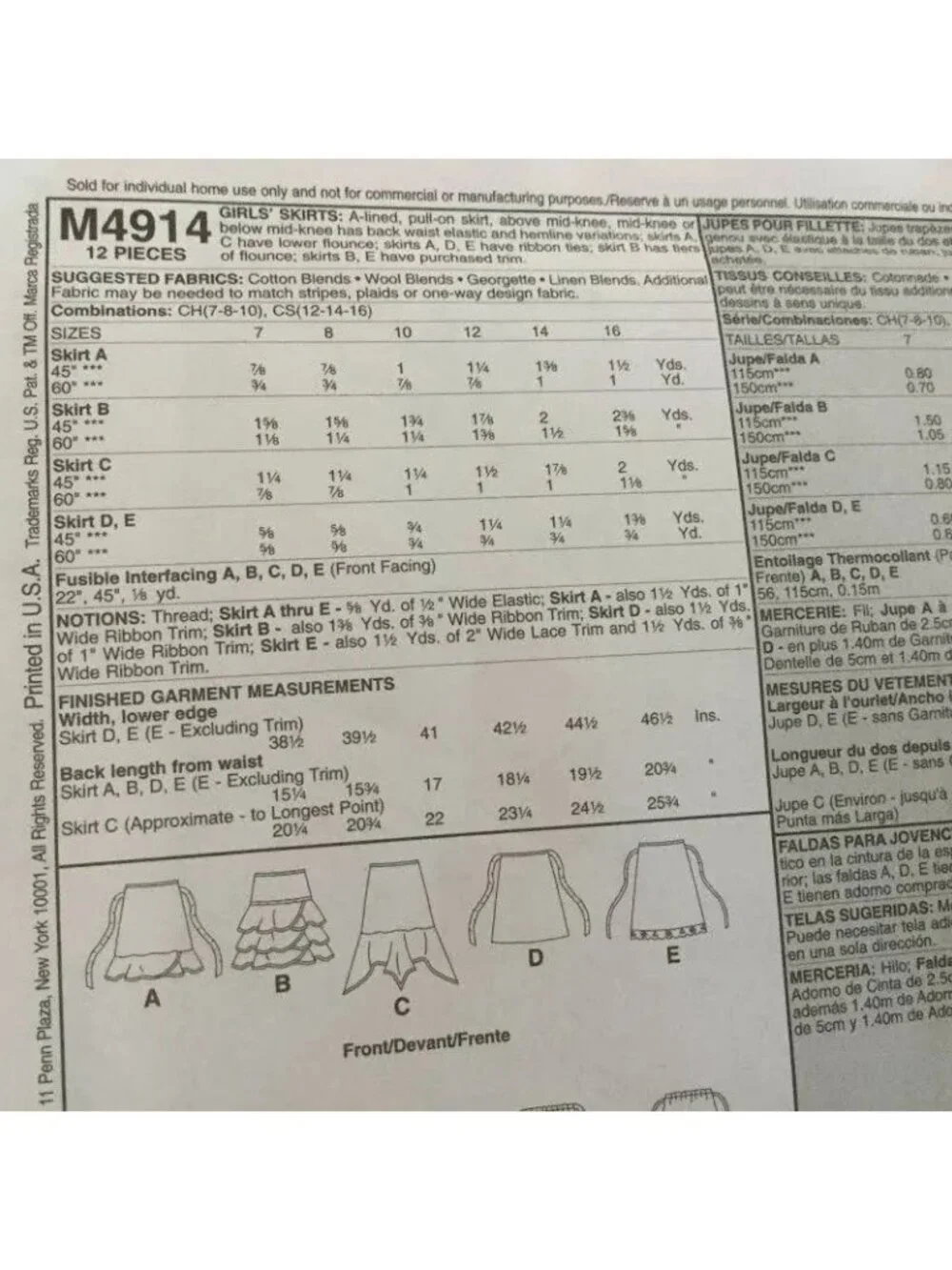 Vintage Sewing Pattern McCalls M4914 Child Girls Skirts 6 Styled Sizes 7-8-10 UC